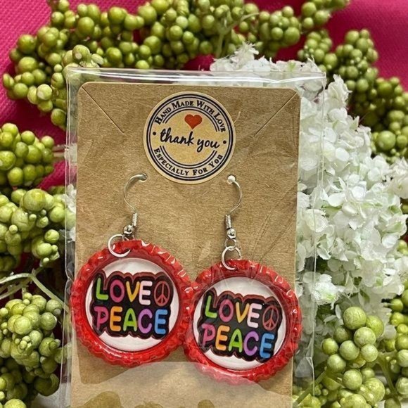 Love & Peace Red Bottle Cap Retro 60's Dangle Fish-hook Earrings Handcrafted - Picture 1 of 4